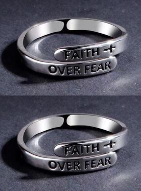 复古信仰银色戒指男女潮流个性线条字母食指戒时尚高颜值开口指环