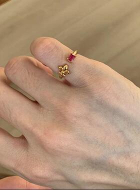 法式vintage中古十字鸢尾花红宝石尾戒小众气质高级感叠戴戒指女