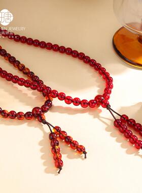 血丝珀108佛珠多圈手链酒红色树脂琥珀蜜蜡圆珠文玩复古手串