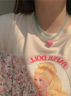 蓝色串珠颈链粉色桃心项链少女心撞色时髦甜酷辣妹锁骨链颈链