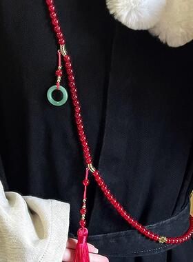 新中式长款绿色串珠项链女国风斜挎链复古气质一款多戴毛衣链配饰