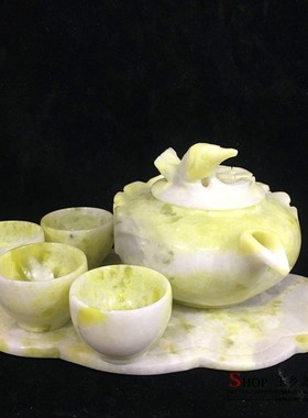 天然手工雕刻蓝田玉茶具玉石茶杯酒具摆件玉壶茶具套装工艺品摆设