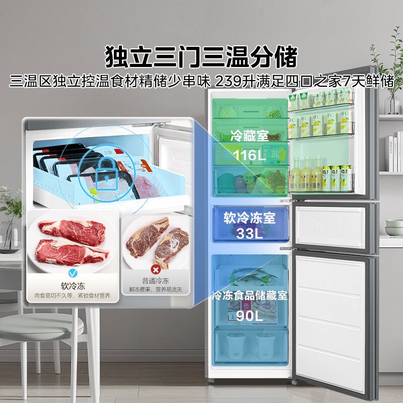 美的251三开门风冷无霜变频一级能效家用小型出租房宿舍节能冰箱
