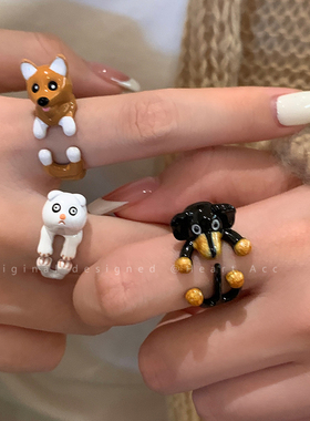 极速可爱童趣黑色小狗戒指女时尚个性闺蜜设计指T环小众洋气学生