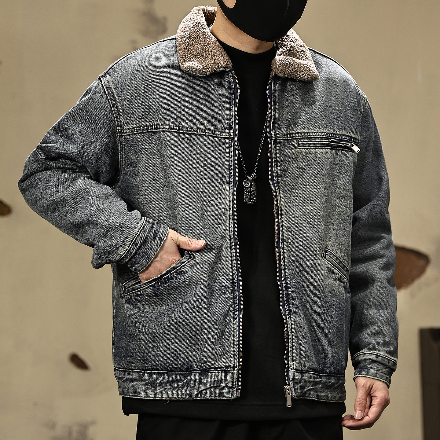 美式羊羔绒牛仔棉衣外套男冬季复古做旧加绒加厚宽松棉服工装夹克,淘宝优惠券,粉丝福利购,淘宝优惠卷