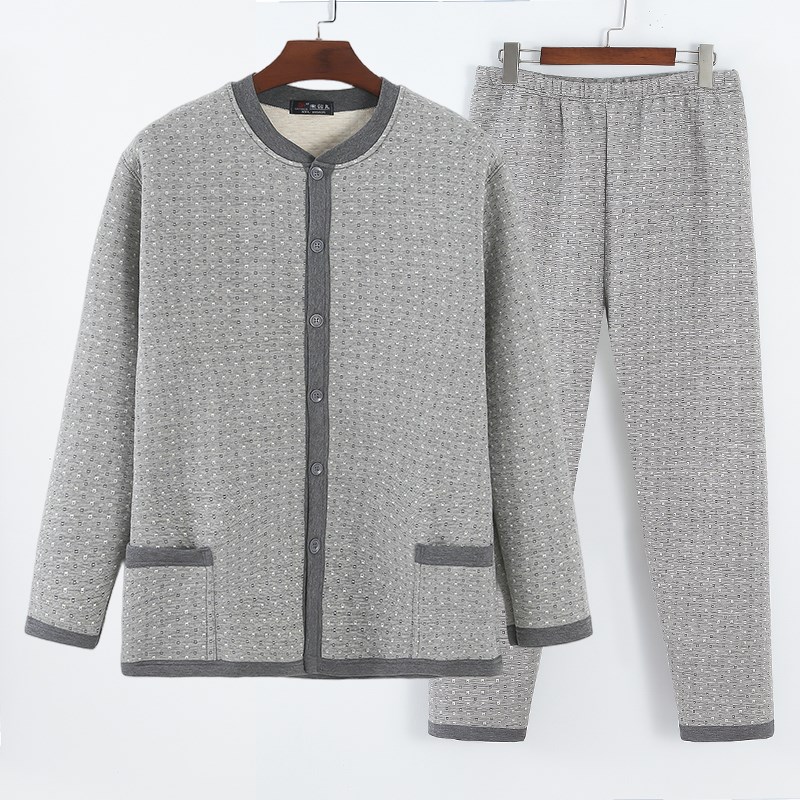 中老年纯棉三层保暖内衣开衫套装男老人秋冬夹棉圆领宽松家居服厚 - 图2