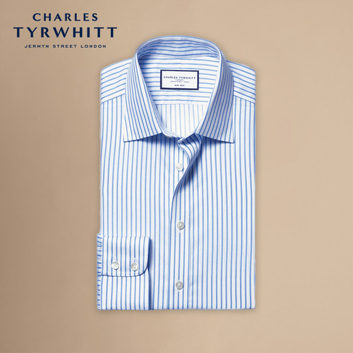 CHARLES TYRWHITT修身版型矢车菊蓝条纹免烫正装男士商务衬衫长袖 - 图3