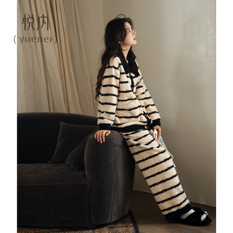 悦内半边绒睡衣女秋冬款冬季加绒加厚珊瑚绒家居服保暖条纹小香风,淘宝优惠券,粉丝福利购,淘宝优惠卷