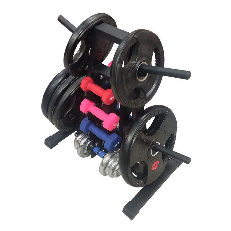 Barbell plate hanger with large and small holes for storage