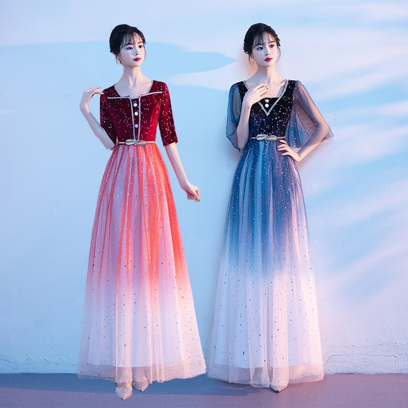 大合唱团演出服女诗歌朗诵长裙红歌比赛宴会主持人气质星空晚礼服 - 图1