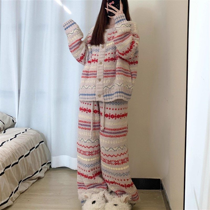 冬日大码保暖睡衣女2024冬季新款针织半边绒彩色条纹家居服两件套,淘宝优惠券,粉丝福利购,淘宝优惠卷