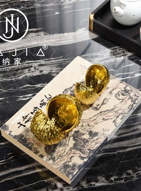 罗曼提新中式花艺棕色大理石书黄鹂鸟饰品摆件样板间酒店客厅茶几