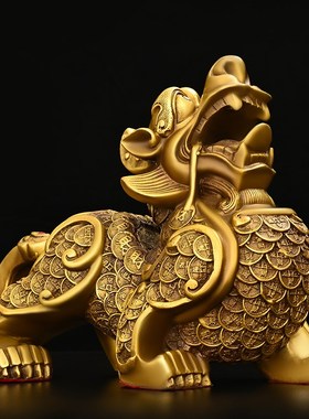 黄铜金钱貔貅摆件一对金钱公母貔貅家居客厅玄关摆设装饰品工艺品