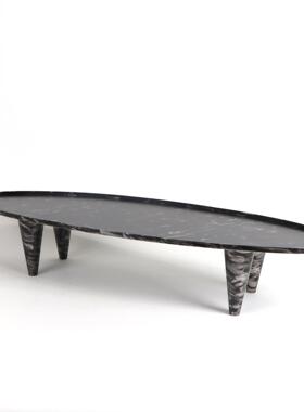 新中式四脚椭圆船型金属盆搭配苔藓茶具软装饰品玄关桌面收纳摆件