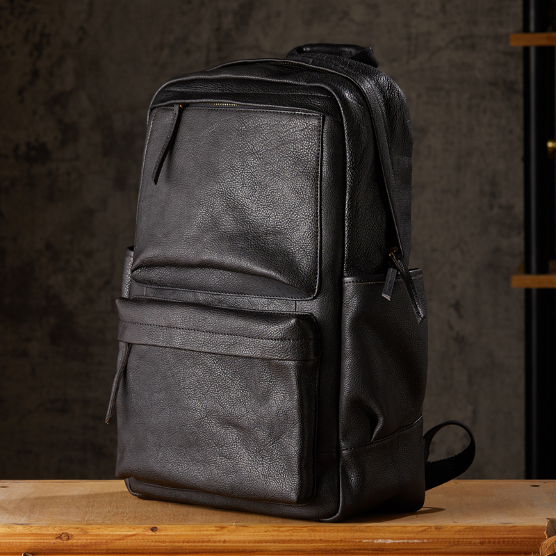 手工植鞣牛皮背包男士真皮商务电脑包大容量旅行包时尚潮流双肩包 - 图0