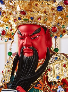 新品关公神像新款木雕佛像家用招财武财神关羽披风帽子.财神爷武