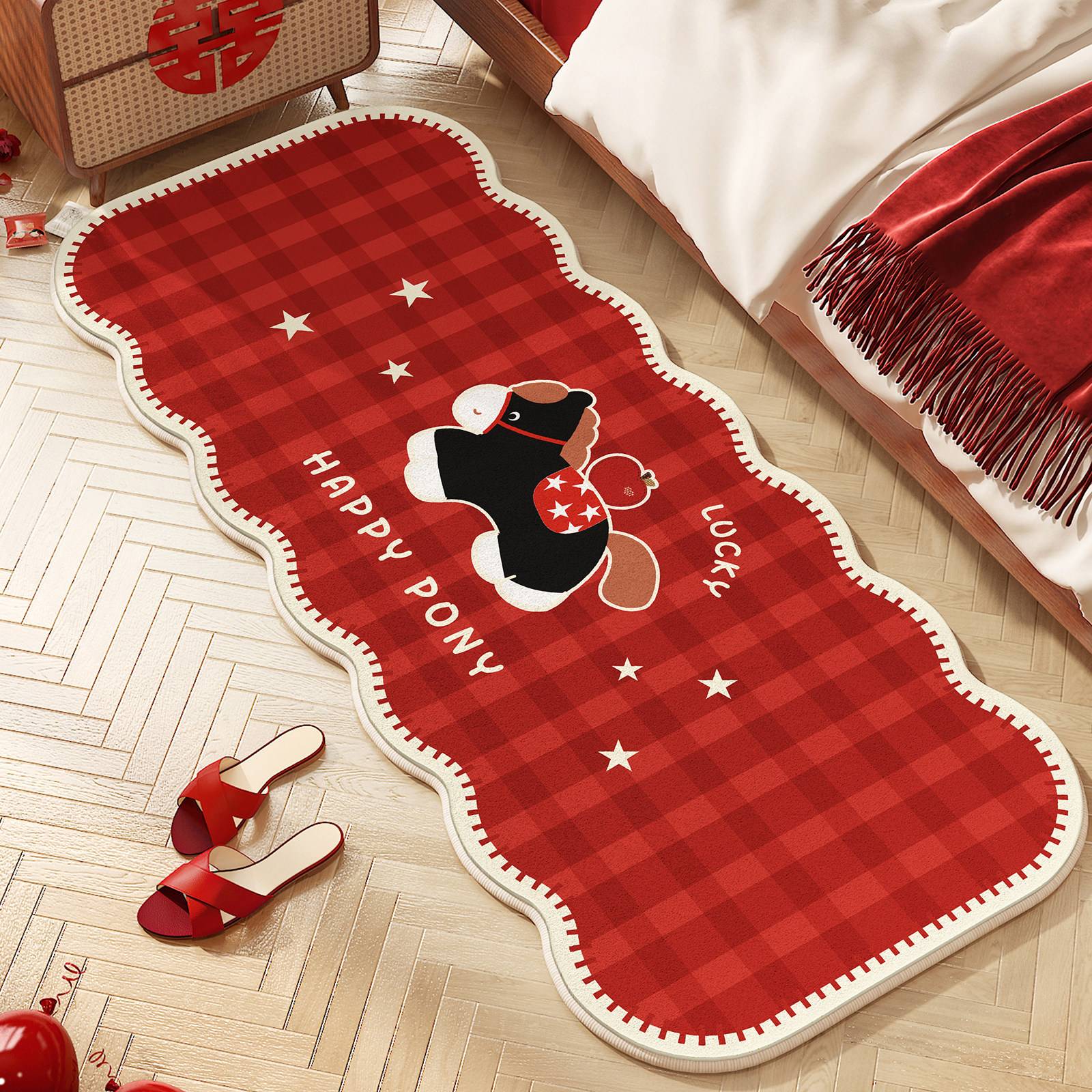 新年小马2026新款卧室地毯马年红色喜庆地垫防滑床边毯毛绒脚垫子,淘宝优惠券,粉丝福利购,淘宝优惠卷