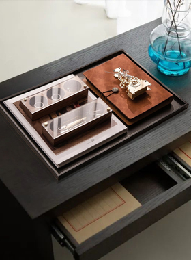 直销轻奢美式金属皮革托盘组合摆件样板间客厅茶几卧室飘窗装饰品