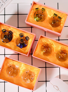 Q萌可爱招财猪摆件创意迷你水晶玻璃两只小猪工艺品情人节日礼物