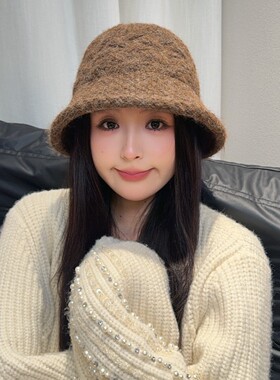 高级感日系灰色针织渔夫帽女秋冬季素颜盆帽大头围显脸小水桶帽子