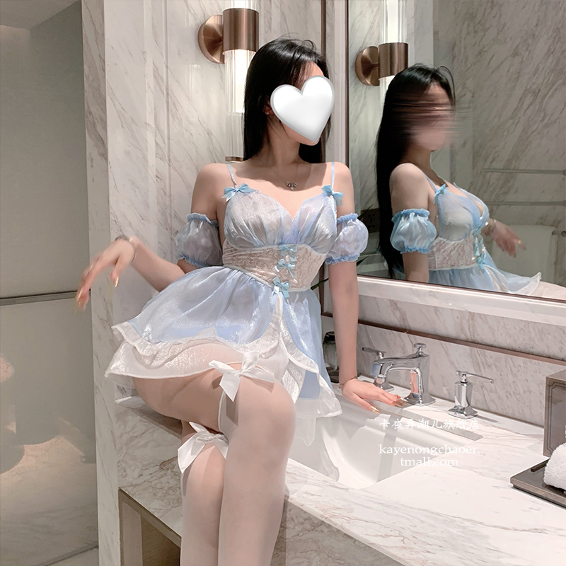 甜美蓝色吊带收腰睡衣珠光柔纱可爱蝴蝶结制服纯欲风趣味性感睡裙