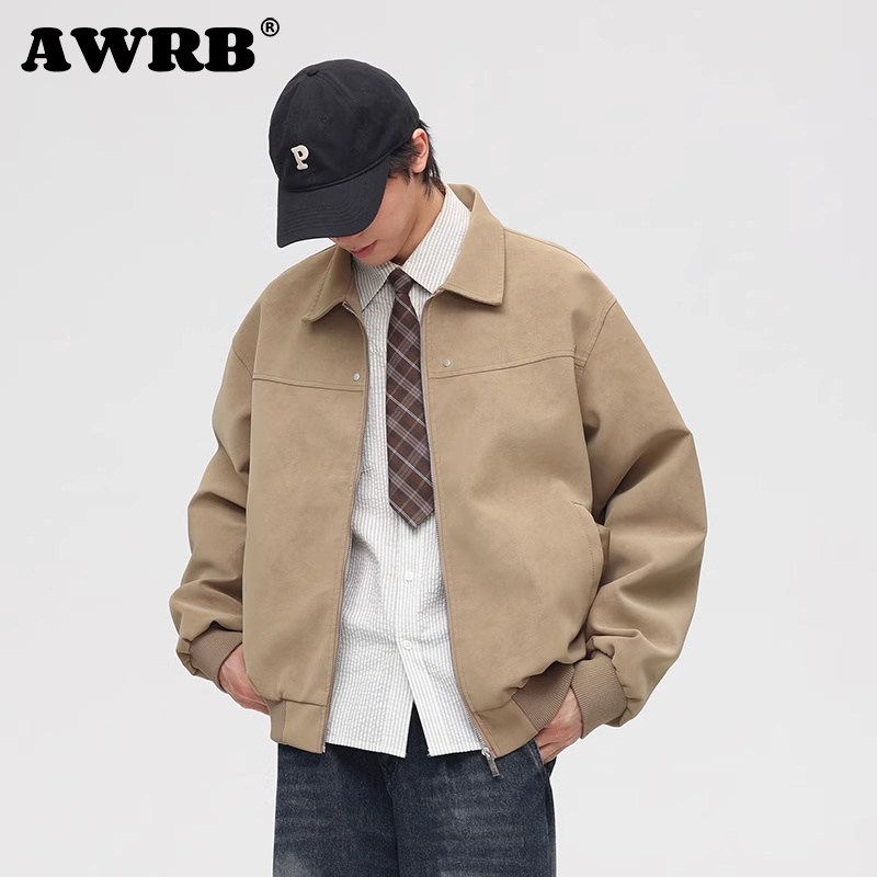 AWRB美式复古翻领皮衣男春秋季新款潮牌宽松百搭潮流夹克休闲外套 - 图0