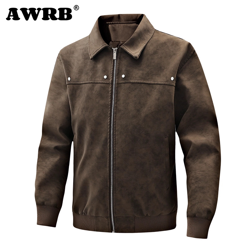 AWRB美式复古翻领皮衣男春秋季新款潮牌宽松百搭潮流夹克休闲外套 - 图3