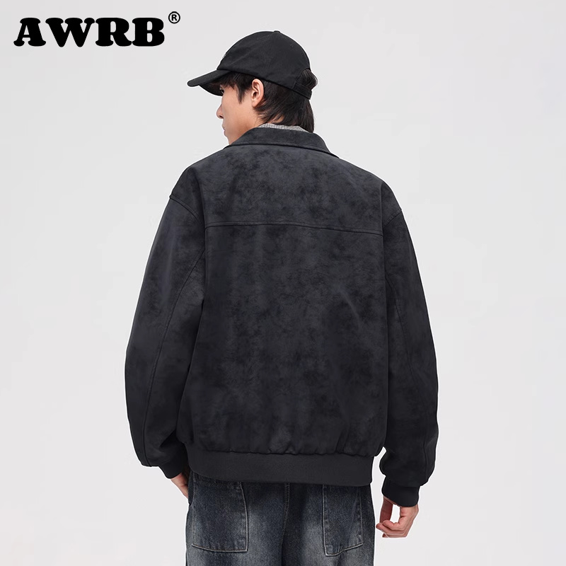AWRB美式复古翻领皮衣男春秋季新款潮牌宽松百搭潮流夹克休闲外套 - 图2