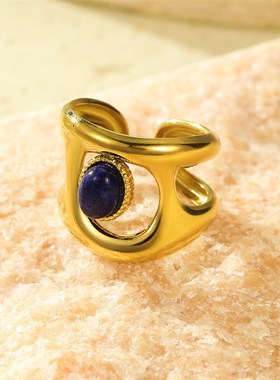 法式复古不规则几何镂空镶天然石百搭气质高级感开口戒指指环