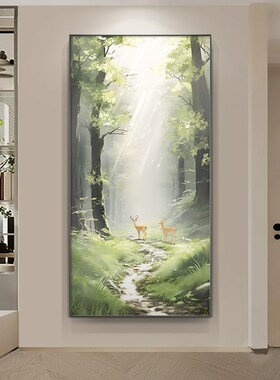 林深见鹿纯手绘玄关装饰画绿色风C景走廊过道挂画高级感大芬村油