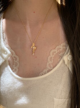 新中式镶钻拉丝蝴蝶结水滴项链