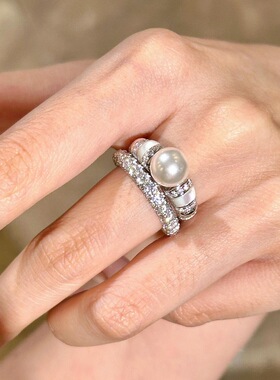 轻奢中古风半镶钻白贝珍珠戒指