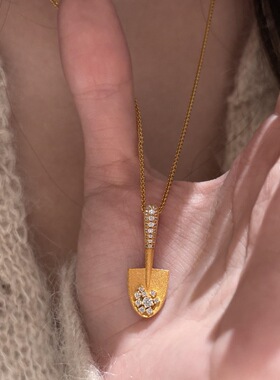 Vintage中古风拉丝镶钻金铲项链