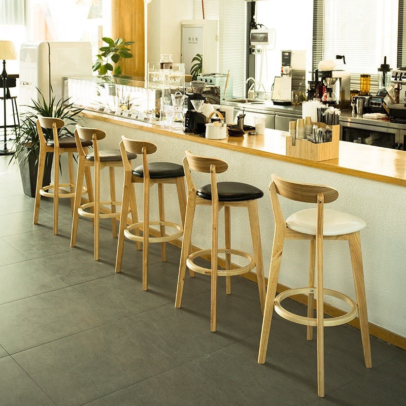 实木靠背吧台椅现代简约高脚凳吧台凳奶茶店前台家用北欧酒吧椅子 - 图0