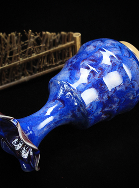 禹州神垕钧陶瓷摆件钧窑变花口竹节瓶装饰品家居客厅大师工艺送礼