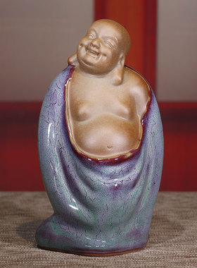 钧瓷勒佛像家居饰品五福临门摆件大肚佛客厅玄关博古架高档艺术品