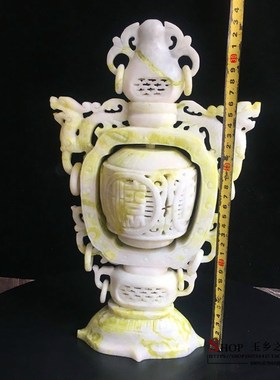 天然岫玉仿古兽镂空花瓶摆件手工雕刻家居客厅酒柜工艺品礼品摆设