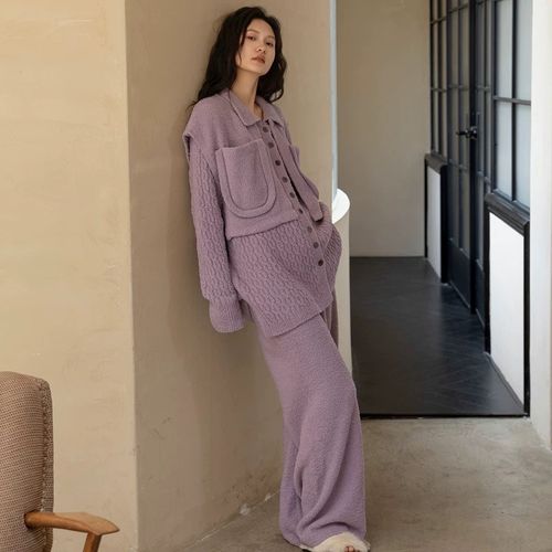 秋冬新款三件套睡衣女半边绒紫色加厚加绒珊瑚绒可外穿软绵绵套装 - 图1