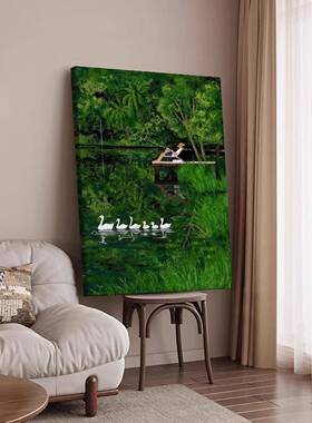 惬意人物垂钓装饰画玄关植物湖泊背景墙壁画绿色动物风景客厅挂画