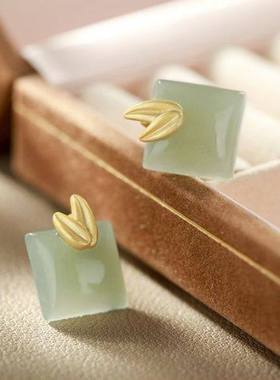 镀925银针白玉叶子小清新复古文艺时尚个性玉石套装项链耳钉吊坠