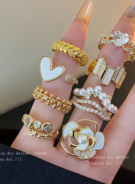 镀金花朵锆石珍珠戒指女2024年新款爆款食指戒轻奢高级感手饰