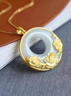 纯白玉莲花复古白玉S925纯银镶链玉坠送妈妈婆婆项坠/吊坠