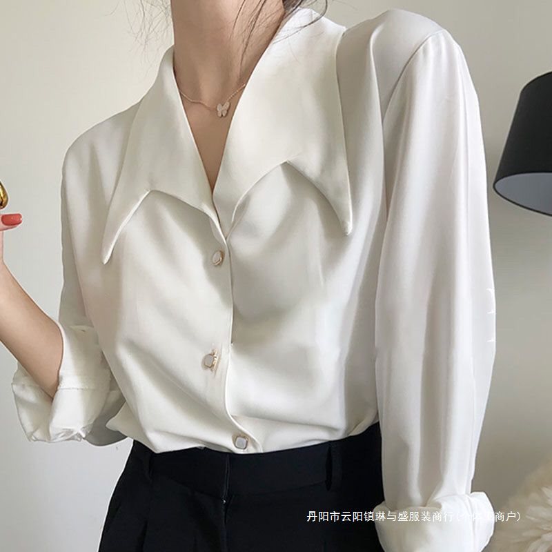 2024春秋法式大尖领白衬衫女新款长袖感白色衬衣职业装上衣 - 图1