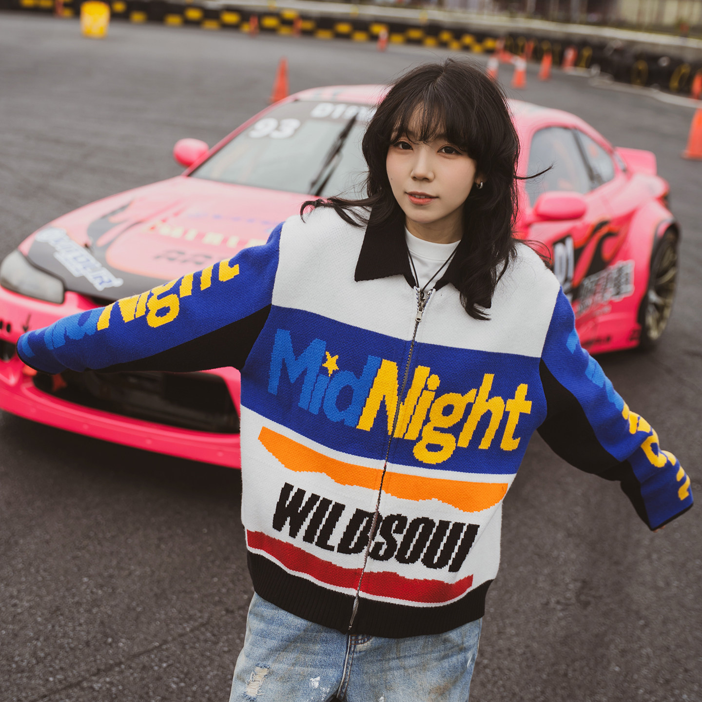 wildsoul-MIDNIGHT湾岸风赛车抗静电拉链翻领宽松毛衣外套 - 图0