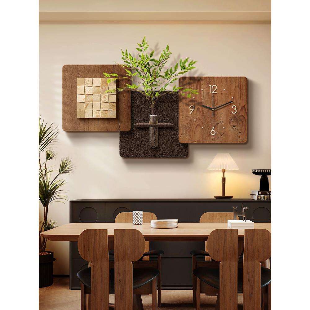 立体砂岩中古风餐厅装饰画2025新款带钟表餐桌客厅挂画墙面高级感 - 图2