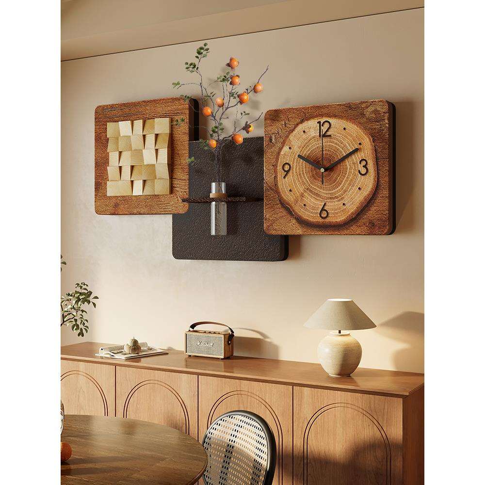 立体砂岩中古风餐厅装饰画2025新款带钟表餐桌客厅挂画墙面高级感 - 图0