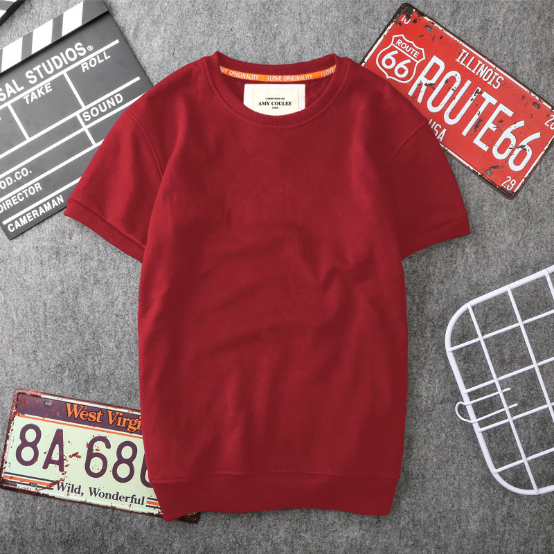 秋冬保暖纯色加绒加厚短袖T恤男韩版宽松大码半袖圆领卫衣打底衫 - 图2