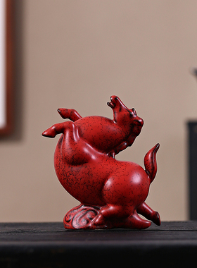 陶瓷红色唐马招财客厅装饰品摆件