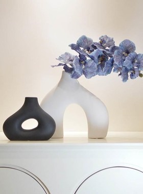 现代北欧黑白艺术陶瓷花瓶玄关假花样板房装饰电视柜Y酒柜摆件酒