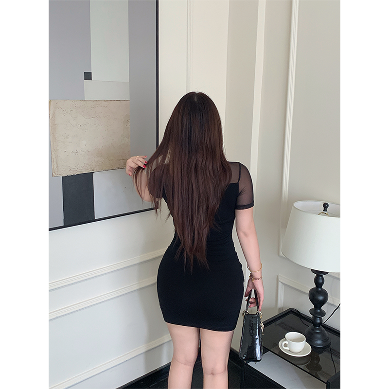 B-babes【若隐若线】夏季气质设计感连衣裙网纱拼接短袖包臀裙女 - 图2